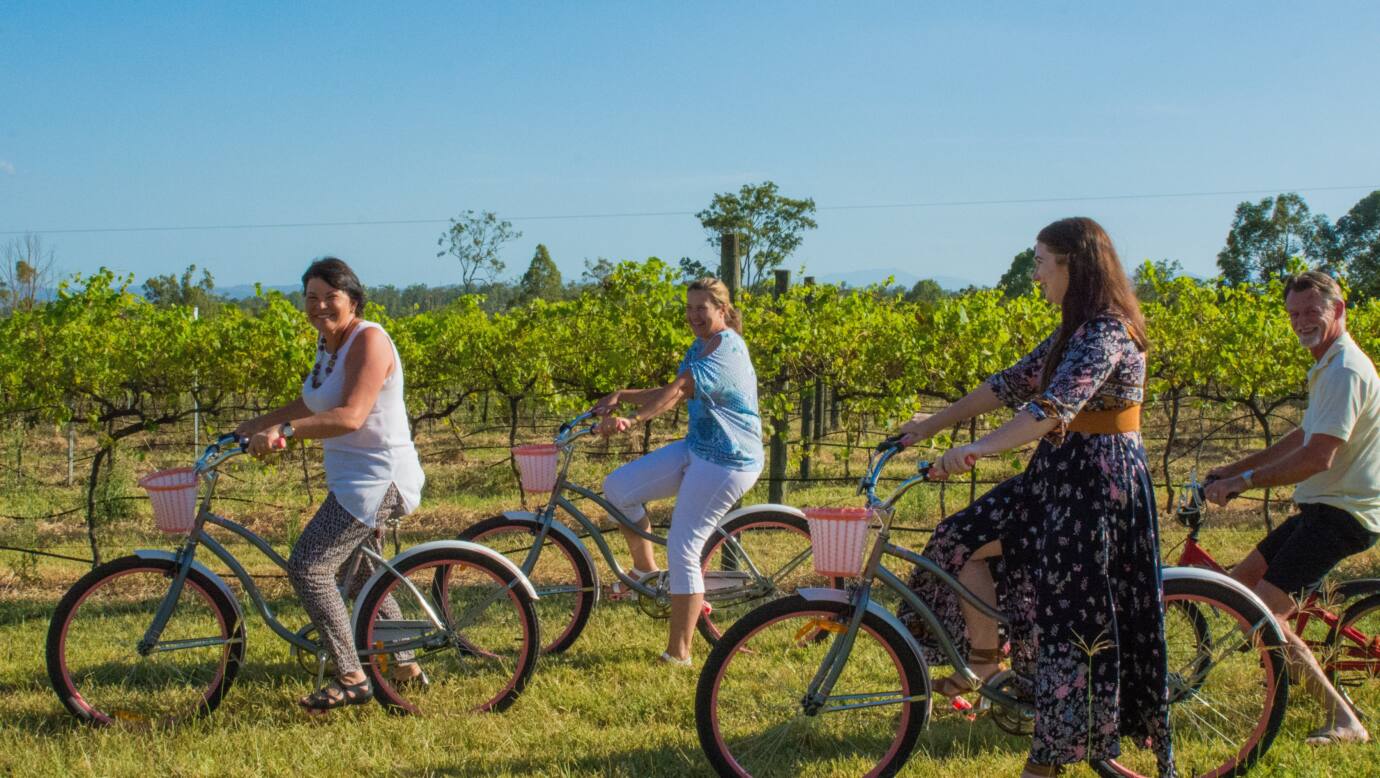 Guests on tour take bicycles through the vineyards with Mountain Wine Tours encouraging extra fun