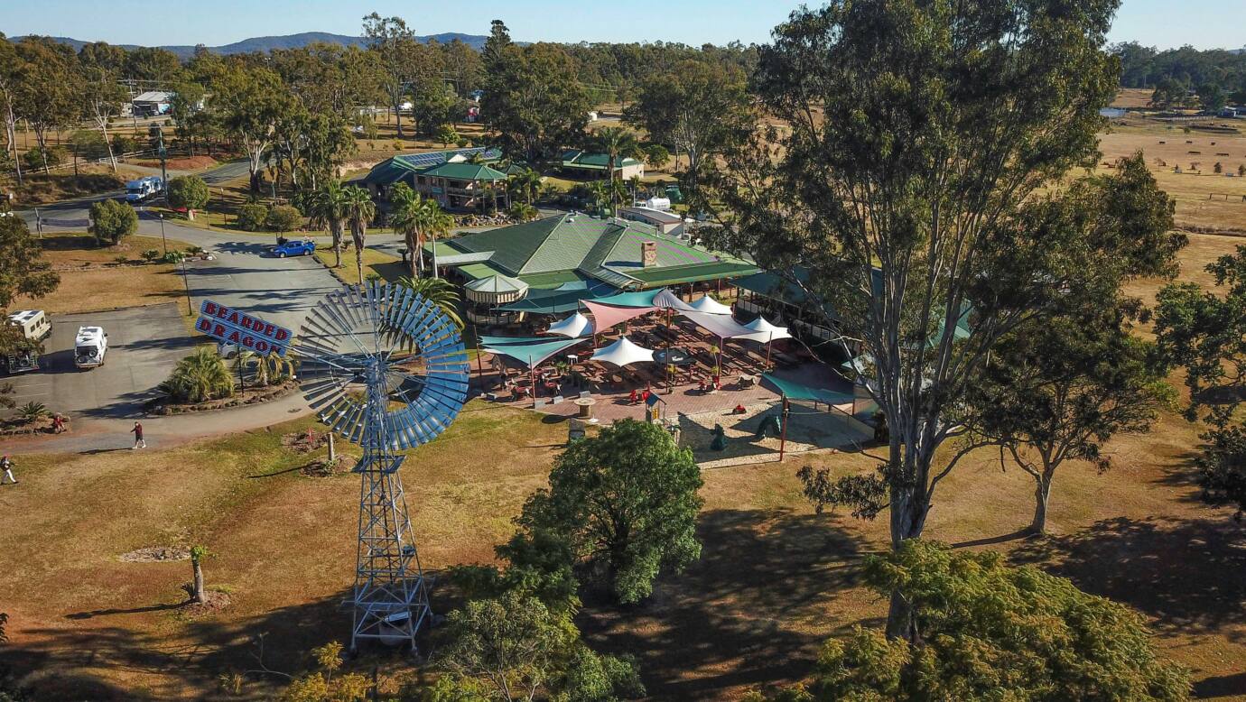 A bird's eye view of Bearded Dragon Tamborine Aussie country hotel. Windmill charm in the Scenic Rim