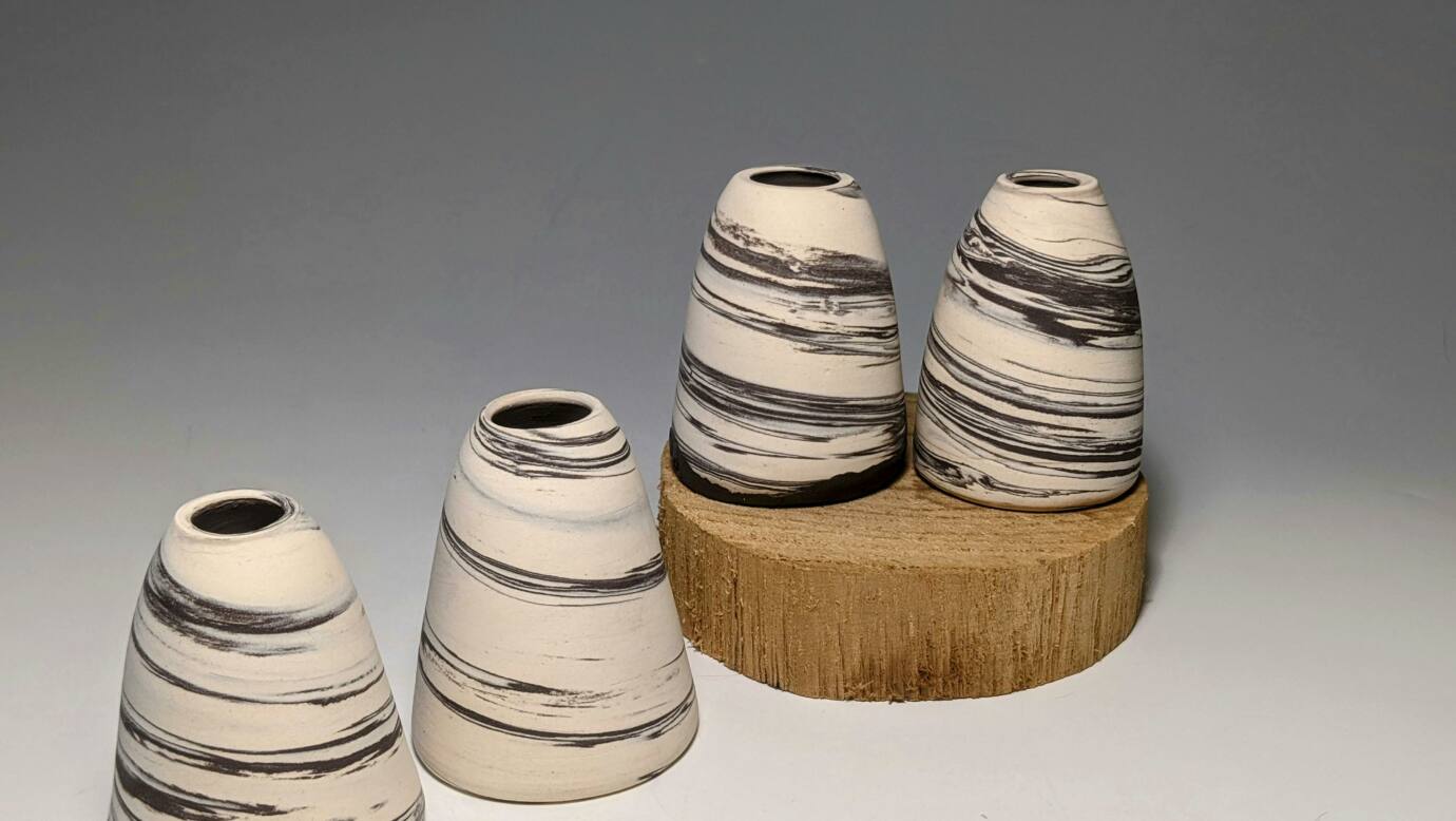 Porcelain marbled bud vases by PJ Pottery