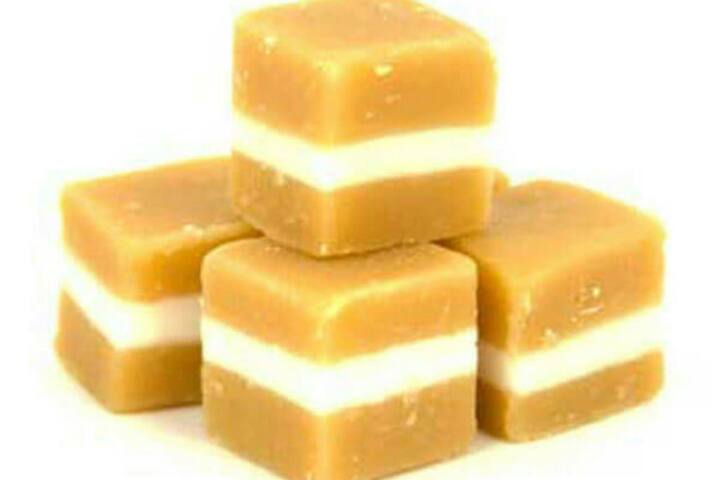 These cubes of creamy, caramel goodness have a smooth vanilla strip in the centre