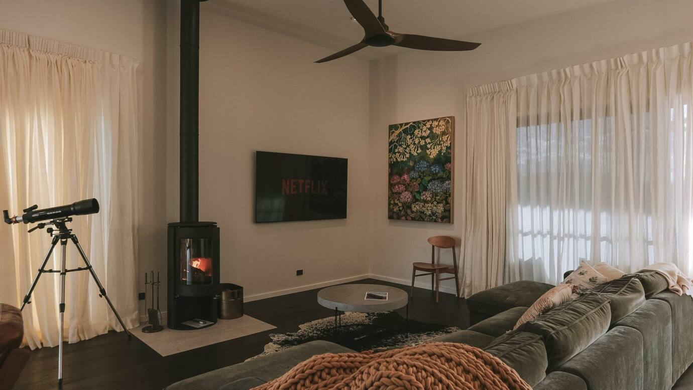 Lounge room with indoor fireplace